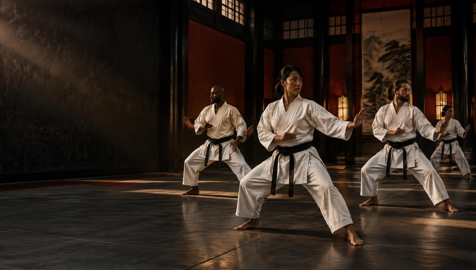 Martial artists training in a formal grading hall